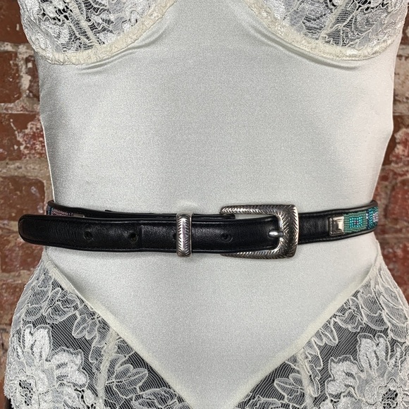 Brighton Beaded Black Leather Belt w/ Silver Hardware Size Small - Picture 3 of 7